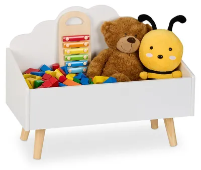 Produktbild von Spielzeugkiste Spielzeugtruhe Spielzeugbox - 58 x 45 cm - Holz - Weiß - Mit Wolkendesign
