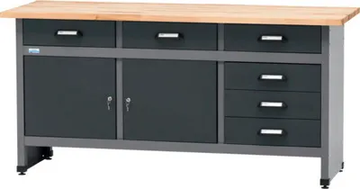 A workbench with drawers and cabinets.
