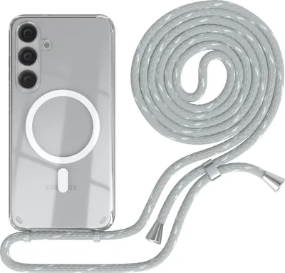 Produktbild von EAZY CASE - Handykette kompatibel mit Samsung Galaxy S24 Plus Kette zum Umhängen Stoßfest Handyhülle für Galaxy S24 Plus Silikon Hülle mit Band Handytasche Transparent in Grau/Weiß - Clips Silber