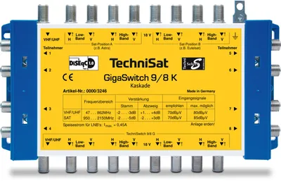 Produktbild von TechniSat GigaSwitch 9/8 K, Satellit, Terrestrisch, Blau, Gelb, Analog, 1 Signalempfänger, 47 - 2150 MHz, 216 mm