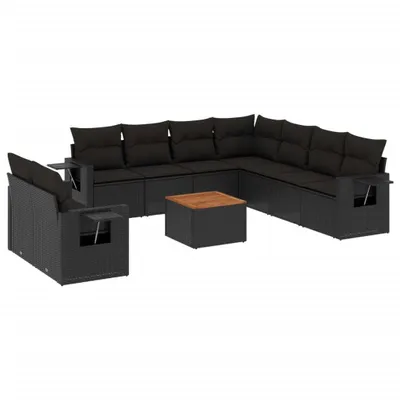 Produktbild von vidaXL 10-tlg. Garten-Sofagarnitur mit Kissen Schwarz Poly Rattan