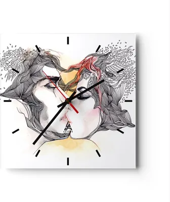Produktbild von Wanduhr - Quadrat - Glasuhr - Paar Küssen Abstraktion - 40x40cm - Schleichendes Uhrwerk - Lautlos - zum Aufhängen bereit - Dekoration Modern - Wanddekoration aus Glas - C3AC40x40-3005