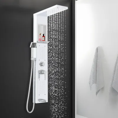 Produktbild von YZNAHRE Duschpaneel mit Armatur, 5 in 1 Edelstahl Duschsystem Duschsäule Regendusche Wasserfalldusche Massagedüsen Handbrause Wanneneinlauf Duscharmatur Komplettset, Weiß
