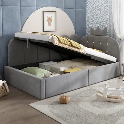 Produktbild von okwish Schlafsofa 90x190 Kinderbett mit hydraulischem Stauraum Polsterbett Einzelbett Kopfteil mit Kronenverzierung Grau (ohne Matratze)