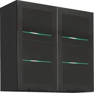 A black wall-mounted cabinet with glass doors and internal green lighting.