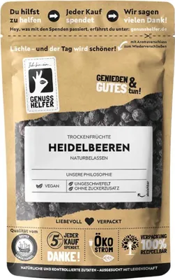 Produktbild von Heidelbeeren, getrocknet, ganz, getrocknete Blaubeeren ohne Zuckerzusatz & ungeschwefelt, 100g