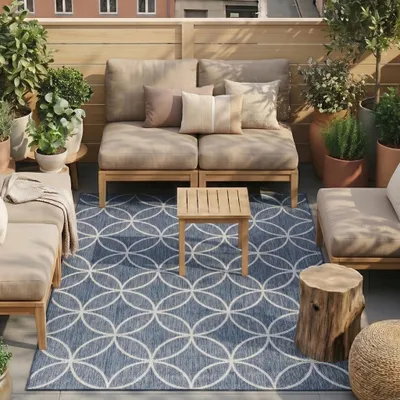 Produktbild von Volero - Geometrischer Outdoor Teppich - Faro Ripple Blau - 120x170 cm - Balkon, Garten, Terrasse, Wintergarten - Boho