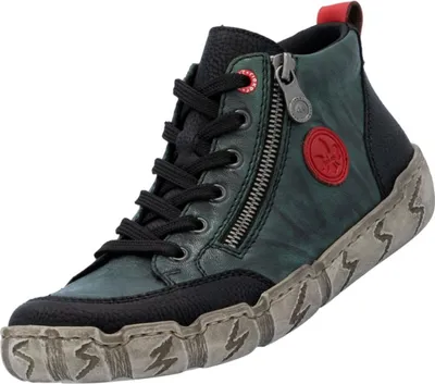 A single green leather high-top sneaker with black laces and a red pull tab is shown against a white background.