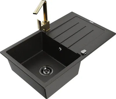 Produktbild von Mexen Bruno 1 Becken-Granitspüle mit Abtropffläche und Mischbatterie Rita, Schwarz/Gold metallisch - 6513-75-670300-50-B