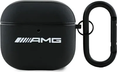 A black AirPods case with an AMG logo and a carabiner clip.