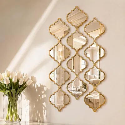 12er Set goldene 3D-Spiegelfliesen, selbstklebend, 15x13,7 cm