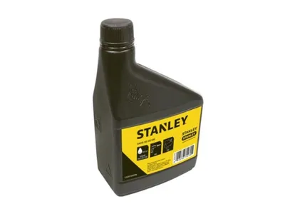 A black bottle of Stanley oil with a yellow label.