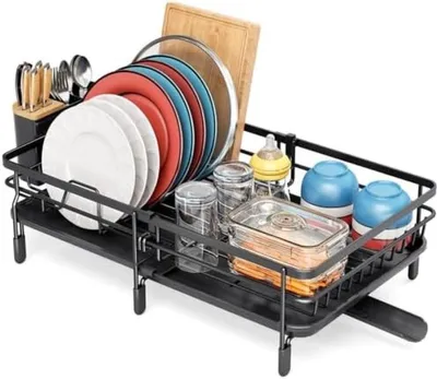 Productafbeelding van PromoHome® Uittrekbaar afdruiprek voor de keuken met bestekhouder, 56x35x16 cm, zwart