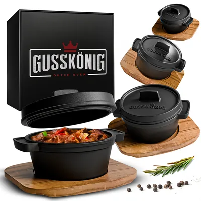 Produktbild von GUSSKÖNIG Dutch Oven Set Mini mit Holz-Untersetzer - 4x 300ml Gusseisen Mini Topf mit Deckel