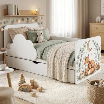 Obrázok produktu pre Detská postieľka a juniorská posteľ 140 x 70 cm, biela | Vrátane matraca a úložného priestoru | Bezpečná detská postieľka Wolke, farebná nálepka