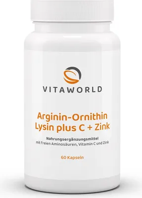 Zdjęcie produktu dla Vitaworld Arginina-Ornityna-Lizyna + C + Cynk | 60 kapsułek | kompleks aminokwasów | wegańskie