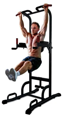 Produktbild von 7in1 Power Tower PT300 als Dip Station und Kraftturm, multifunktionale Kraftstation für Zuhause mit Klimmzugstange, Liegestützgriffen und 4 Ösen für TRX, Seile und Schlingen, Sit-Ups, in schwarz
