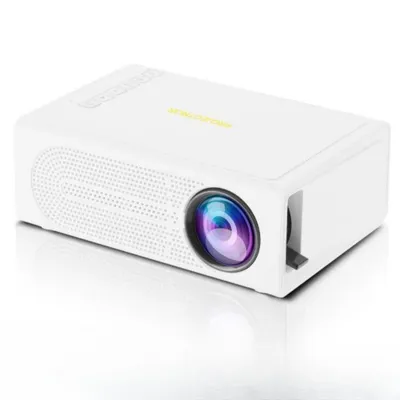 A white AIORBER LED projector is shown from a slightly elevated front-side angle on a white reflective surface.