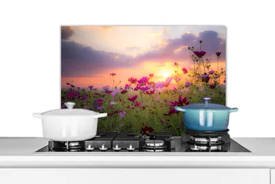 Obrázek produktu pro KitchenYeah® Splashback kitchen - Kuchyňský splashback - Ochrana stěny sporáku a dřezu - Západ slunce - Květiny - Růžová - Příroda - Zelená 60x40 - Alu-Dibond (alternativa ke skleněnému splashbacku) - Tepelně odolný