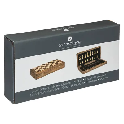 A product box for a wooden chess set, showing images of the closed and open chess set.