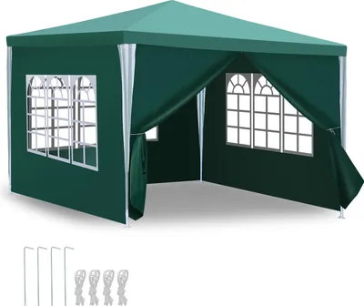 Produktbild von Ikodm 3 x 3 m Garten Pavillon mit 4 Seitenteilen tragbares wasserdichtes Zelt, grün für Camping / Garten / Hochzeit / Strand