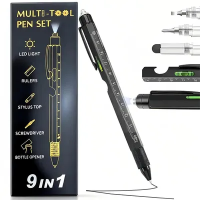 Produktbild von 9-in-1 Multifunktionsstift, Werkzeugstift mit LED Licht, Schraubendreher & Wasserwaage, praktisches Geschenk für Männer, Papa, Vatertag