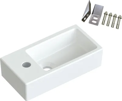 Produktbild von AQUABATOS Hängewaschbecken Keramik Waschtisch Handwaschbecken, mit Hahnloch Links und Stockschrauben, Ohne Überlauf, Ohne wasserhahn, Ohne ablaufventil, Weiß, Eckig 405 x 200 x 105 mm