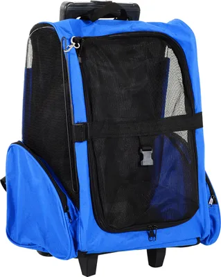Produktbild von PawHut Hundetrolley Transporttasche Tragetasche für Tiere Trolley 2-in-1 Haustierrucksack Hundetasche mit Tür und Fenster atmungsaktiv Oxfordstoff Blau 42 x 25 x 55 cm