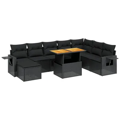 Produktbild von Modulares Garten-Sofa-Set 9-tlg., Poly Rattan Schwarz, verstellbarer Tisch, abnehmbare Kissenbezüge, UV-beständig