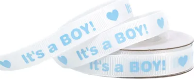 Produktbild von Geschenkband Baby / Its a Boy 12mm x 10m Rolle weiß / blau