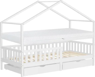 Produktbild von ML-Design Kinderbett Hausbett 90x200 cm Weiß mit Matratze H:16cm, 2 Schubladen Rausfallschutz Lattenrost und Dach Spielbett aus Kiefernholz Bodenbett