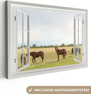 Produktbild von OneMillionCanvasses® - Leinwandbilder - 150x100 cm, Aussicht - Pferde - Gras, Wandbilder Kunstdruck Wanddekoration