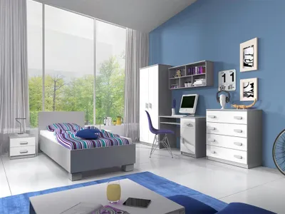 Produktbild von Kinderzimmer-Set Bett Schrank Wandregal Kommode Schreibtisch Nachttisch Grau/Weiß mit weißen Griffen ohne Matratze Jonas II 01