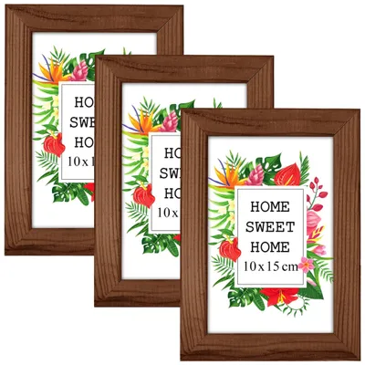 Produktbild von MG Design Set aus 3 Braun Bilderrahmen A6 10 x 15 cm - Aus echtem Holz mit Acrylglas, zum Aufhängen & Aufstellen, für Fotos, Poster & Puzzle