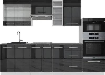 A modern, high-gloss kitchen unit with integrated appliances.