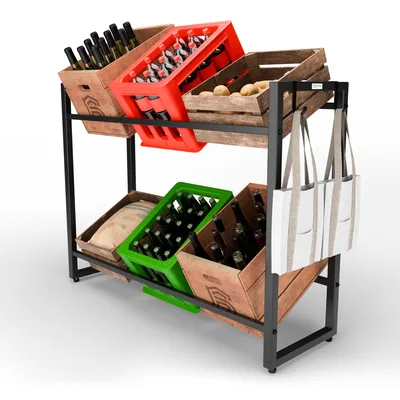 Produktbild von Rumy Getränkekistenregal für 6 Kisten – Stabiles Getränkeregal und 2 Haken – Kistenregal für Getränkekisten Wasserkästen – Schwarz bis 150 kg
