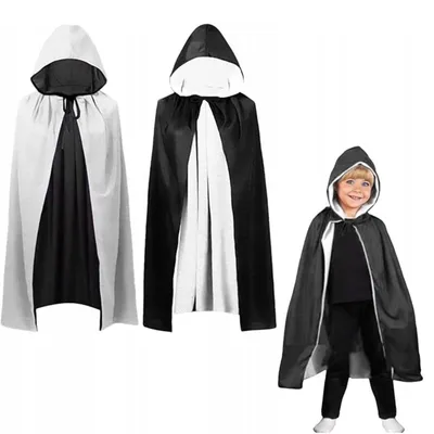 Immagine prodotto di Mantello KRUMAD nero/bianco 100 cm con cappuccio - mantello di Halloween per bambini, vampiro/strega/fantasma, accessori per costumi cosplay