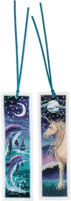 Immagine prodotto di Set di 2 segnalibri Vervaco a punto croce "Delfino e Unicorno", schema di conteggio, 6x20cm