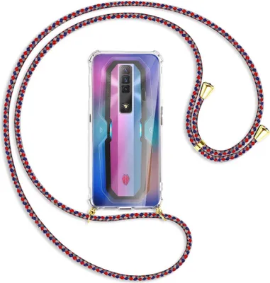 Produktbild von Handykette Backcover-Schutzhülle mit Band (Metall goldfarben) für ZTE nubia Red Magic 7 - silber/blau/rot