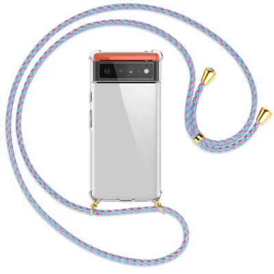 Produktbild von Handykette Backcover-Schutzhülle mit Band (Metall goldfarben) für Google Pixel 6 - pink/mint