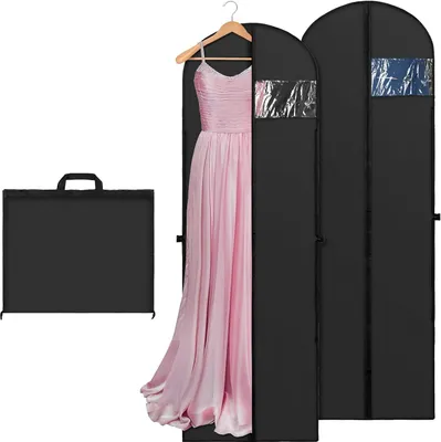 A collection of garment bags, with one open to reveal a pink dress.