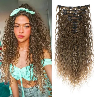 Produktbild von Clip-in Haarverlängerungen lockig 22 Zoll 56 cm Dunkelblond 9er Set synthetisch