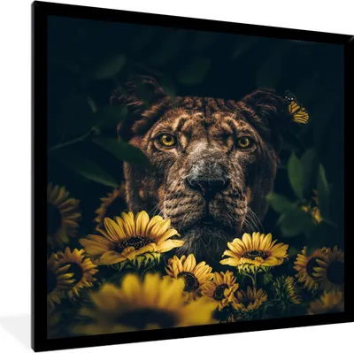 Produktbild von MuchoWow® Gerahmtes Poster Löwe - Blumen - Tiere - Botanisch 40x40 cm - Poster mit Schwarzem Bilderrahmen Wandposter Rahmen Foto Bilder - Mit Rahmen - Wanddekoration Schlafzimmer