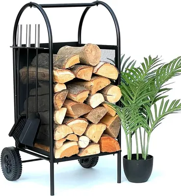 Produktbild von Kaminholzregal Innen Metall Schwarz Kaminholzständer 80 cm mit Kaminbesteck und Rädern 96358 Kaminholzwagen Holzkorb Kaminholzhalter Holzregal