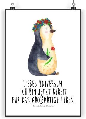 Produktbild von Mr. & Mrs. Panda Poster Pinguin Blumen DIN A5 - Weiß - Geschenk, wanddeko, Wanddekoration, Pinguine, Positiv, Wandbild, Geschenkidee, drucke, Blumenkranz, Ziele, Bild