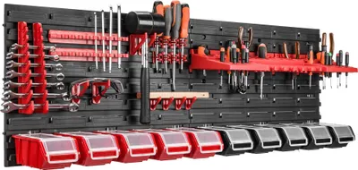 Obrázok produktu pre 115 x 39 cm Nástenná polica 10 otvorených úložných boxov s vekom Držiak na náradie Stohovacie boxy Dielenský pracovný stôl