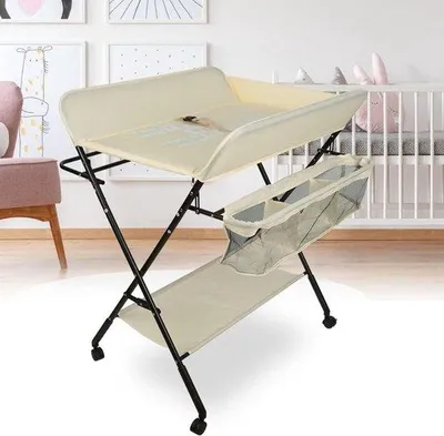 Productafbeelding van Babyverschoontafel - Opvouwbare commode - Baby verzorgen - In hoogte verstelbaar - Met opbergvakken - Beige