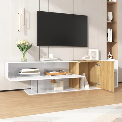 Produktbild von okwish Moderne TV-Schrank Hochglanz - Fernsehbank Fernsehschrank mit Holzoptik und praktischer Aufbewahrung,Lowboard mit Glasregalen,Natürlich+Weiß