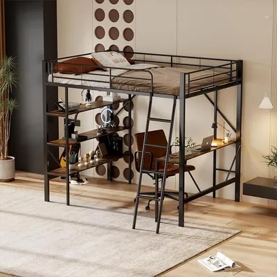Produktbild von Kinderbett Hochbett Einzelbett 90x200 für 2 Kinder, Metallbett Eisenbett Etagenbett mit Schreibtisch und 3 großen Ablagen, Jugendbett Stockbett Bettgestell mit Rausfallschutz und Leiter, Schwarz