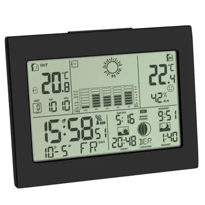 A digital weather station displaying various weather data and time.